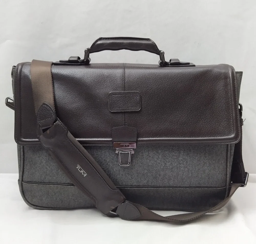 Tumi Brown Leather Gray Canvas Pushlock Laptop Briefcase Business Crossbody Bag